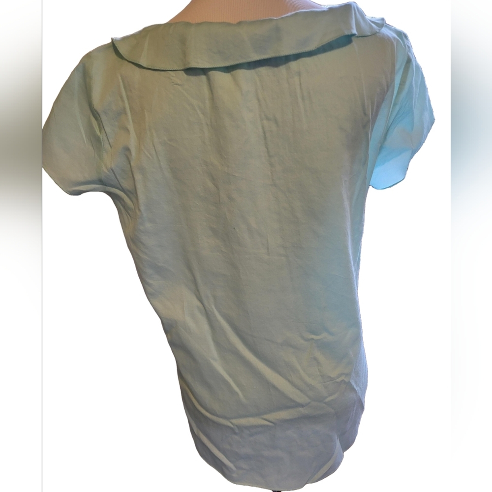 Talbots Mint Green Asymmetrical Ruffled Blouse In 100% Cotton Size 10 - Picture 2 of 9